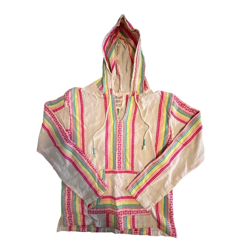 Beach By Exist Baja Hoodie Womens Large Beige Multi Stripe Cotton Pullover